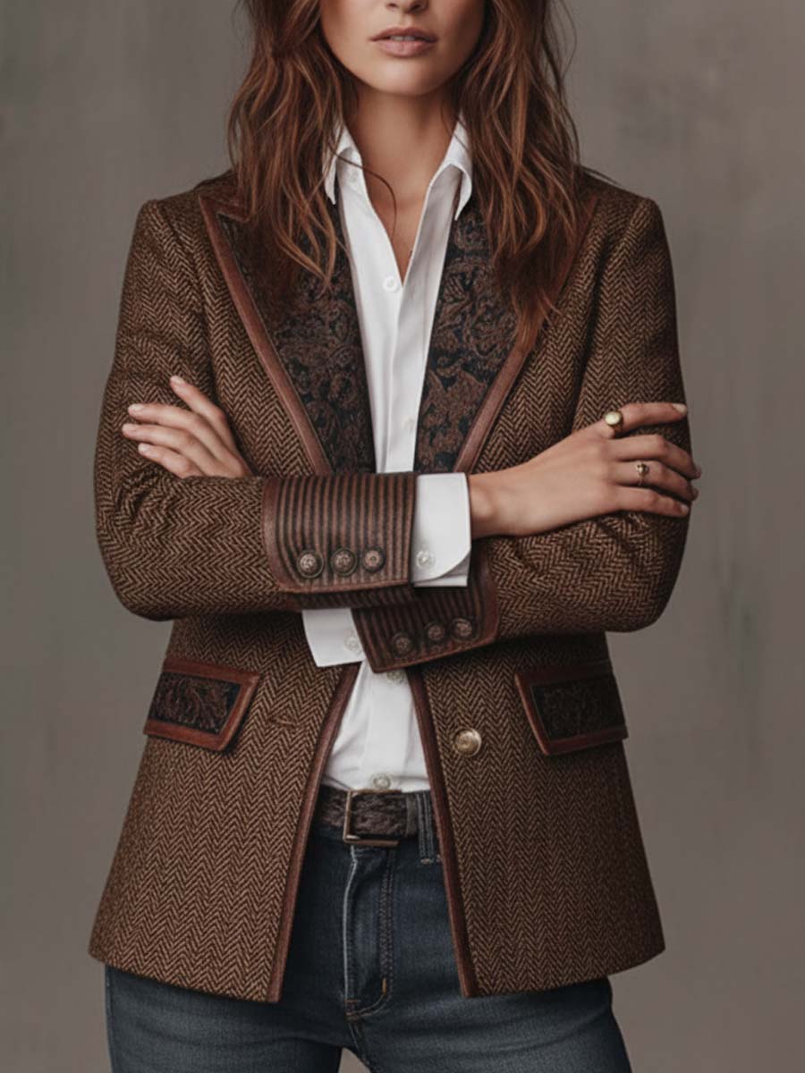 Ermelinda | Blazer in tweed spigato con pannelli stampati