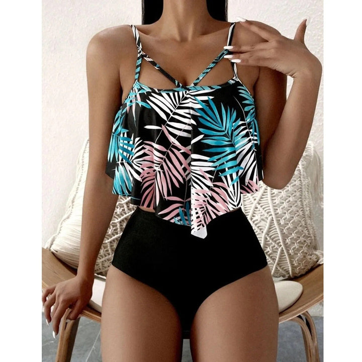 LolaBeach - Tankini con volant e stampa foglie