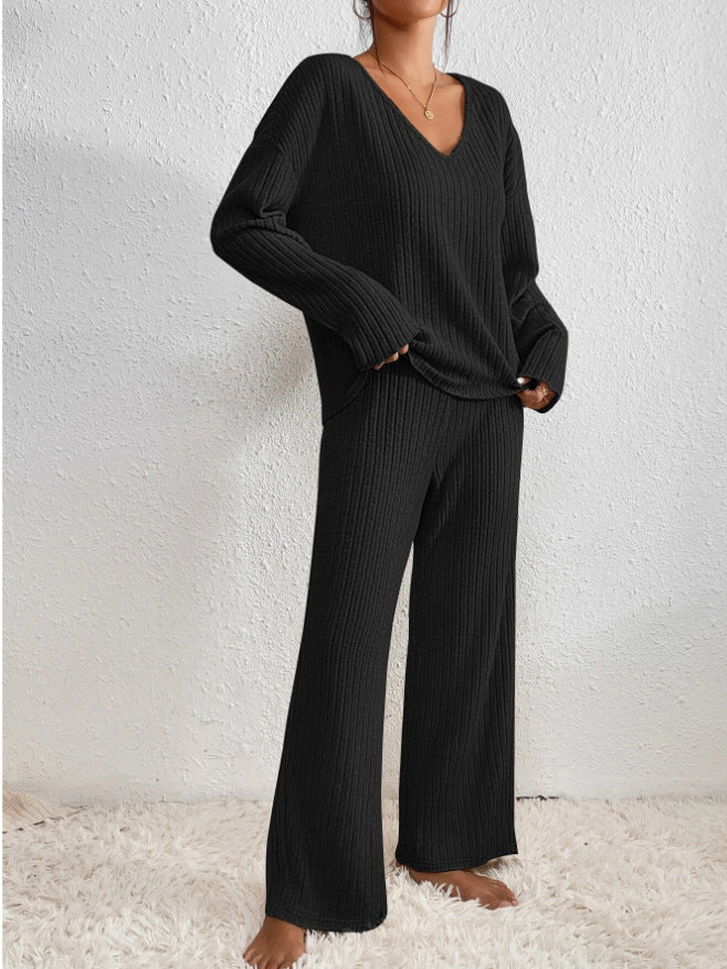 Set Due Pezzi in Maglia a Costine Con Scollatura a V e Pantaloni a Gamba Larga