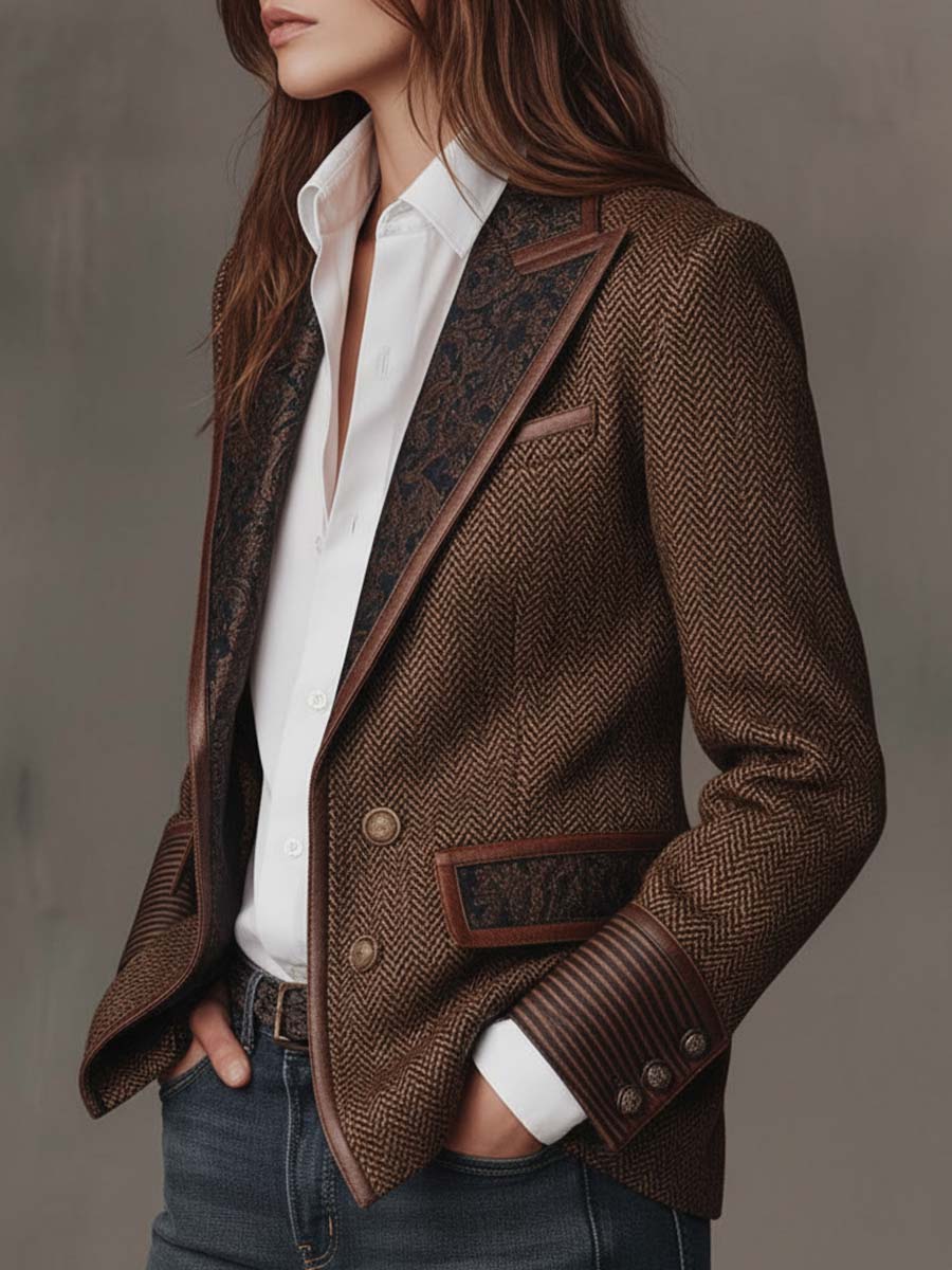 Ermelinda | Blazer in tweed spigato con pannelli stampati