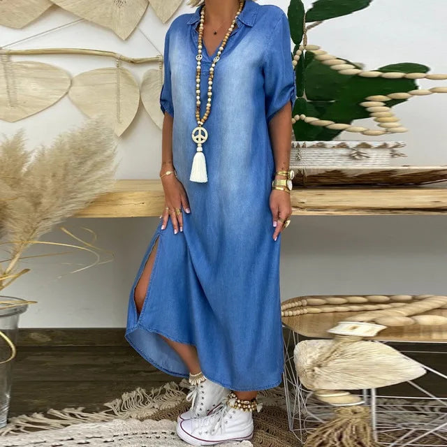 Lea | Abito lungo in denim con spacco laterale
