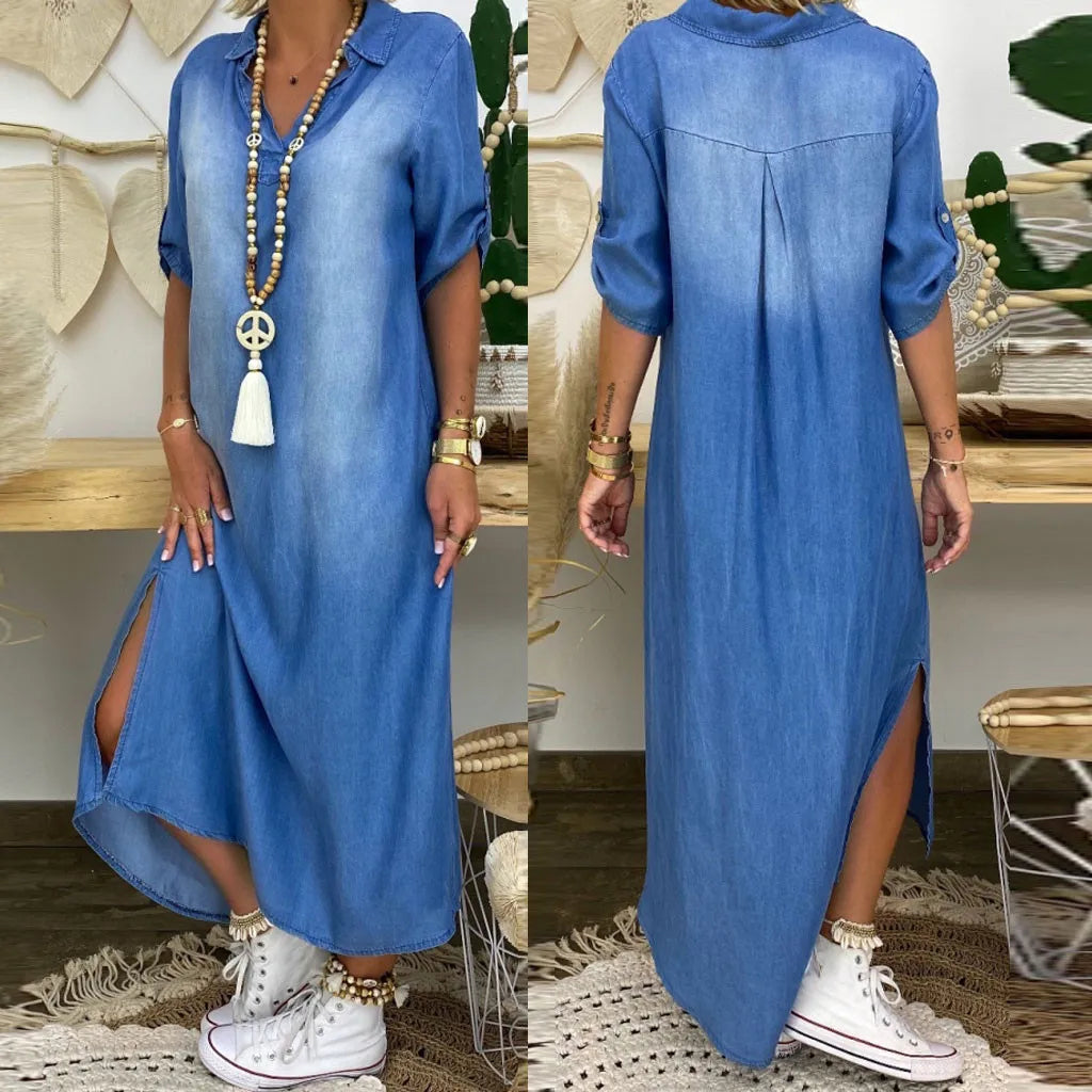 Lea | Abito lungo in denim con spacco laterale