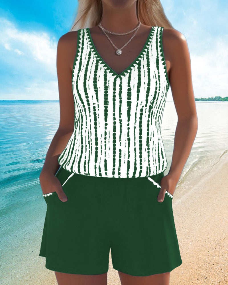Mia | Costume da bagno casual a due pezzi stampato con scollatura a V e tasche