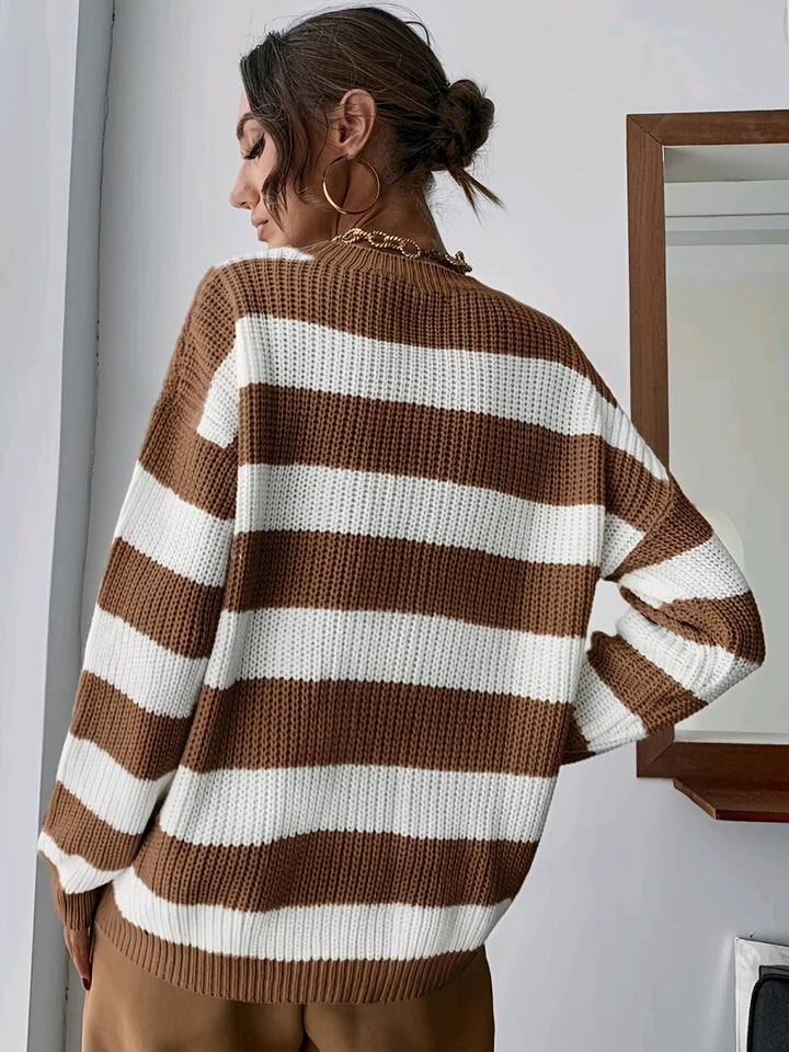 Maglione Chunky a Righe con Collo Rotondo e Spalle Cadenti