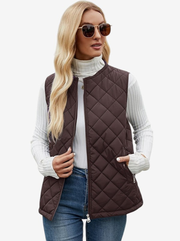 Gilet trapuntato senza maniche per donna con tasche con zip
