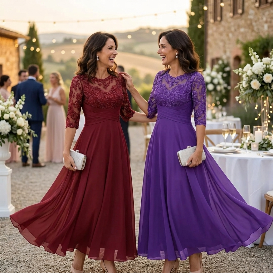 Olanthe Abito da Sera Donna – Pizzo & Mousseline, Maniche 3/4 & Taglio A-Line Elegante