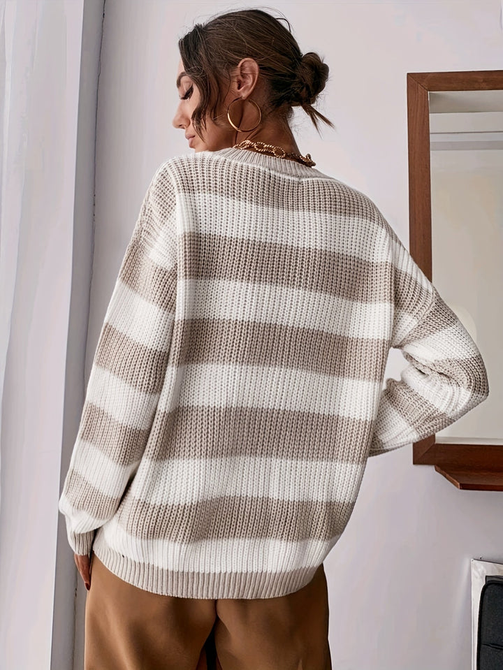 Maglione Chunky a Righe con Collo Rotondo e Spalle Cadenti
