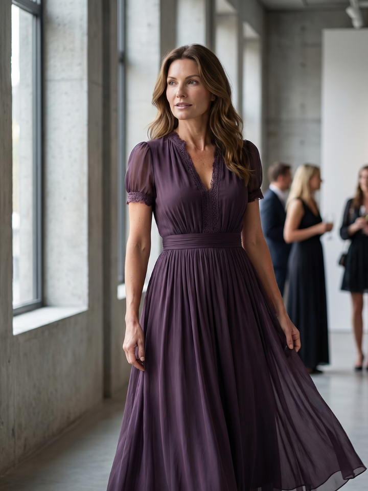 Elia | Abito Maxi con Vita Arricciata e Scollo a Goccia