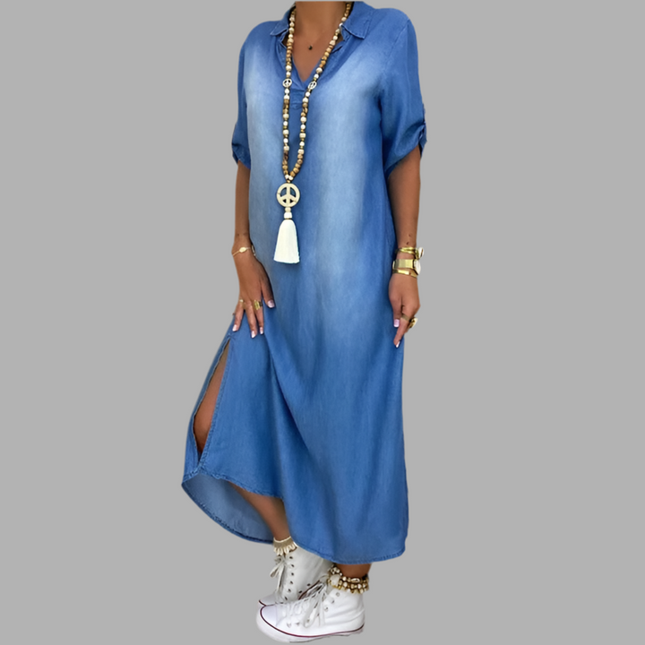 Lea | Abito lungo in denim con spacco laterale