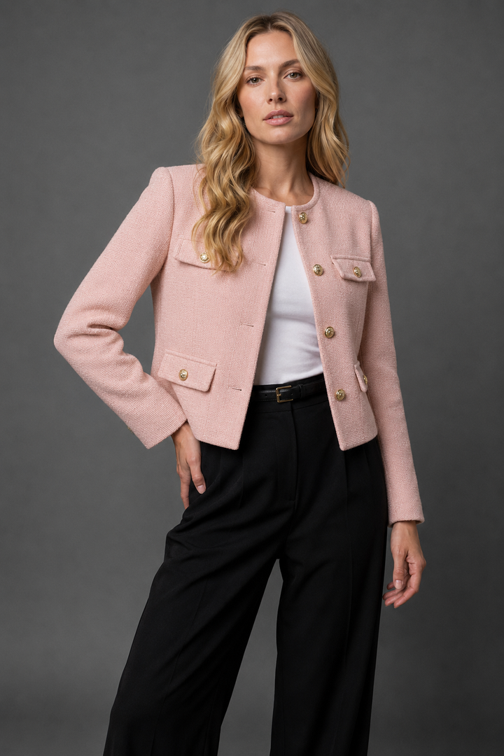 Blazer in Tweed Corto con Bottoni Dorati e Tasche a Patta