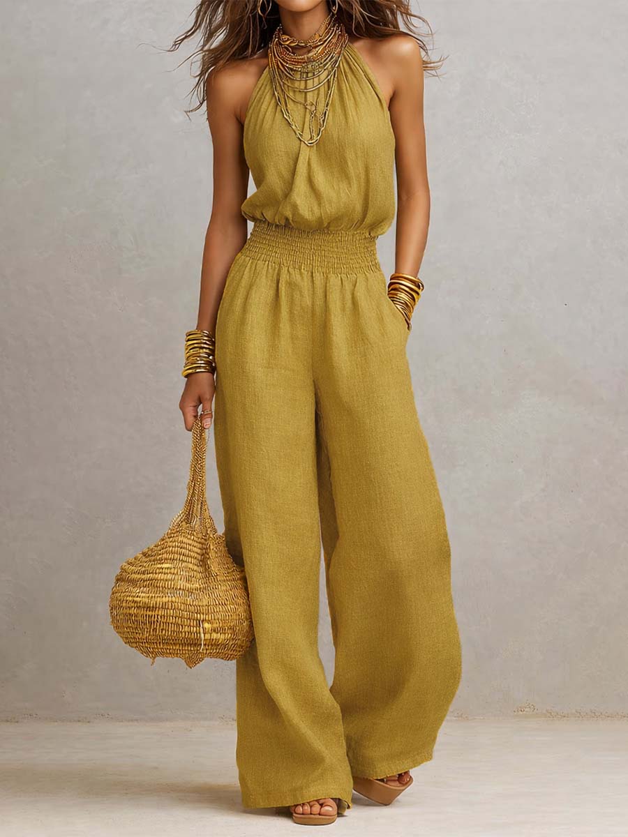 Jumpsuit Senza Maniche con Collo Halter e Pantaloni Ampi