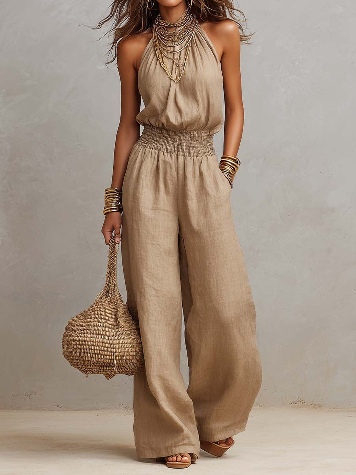 Jumpsuit Senza Maniche con Collo Halter e Pantaloni Ampi