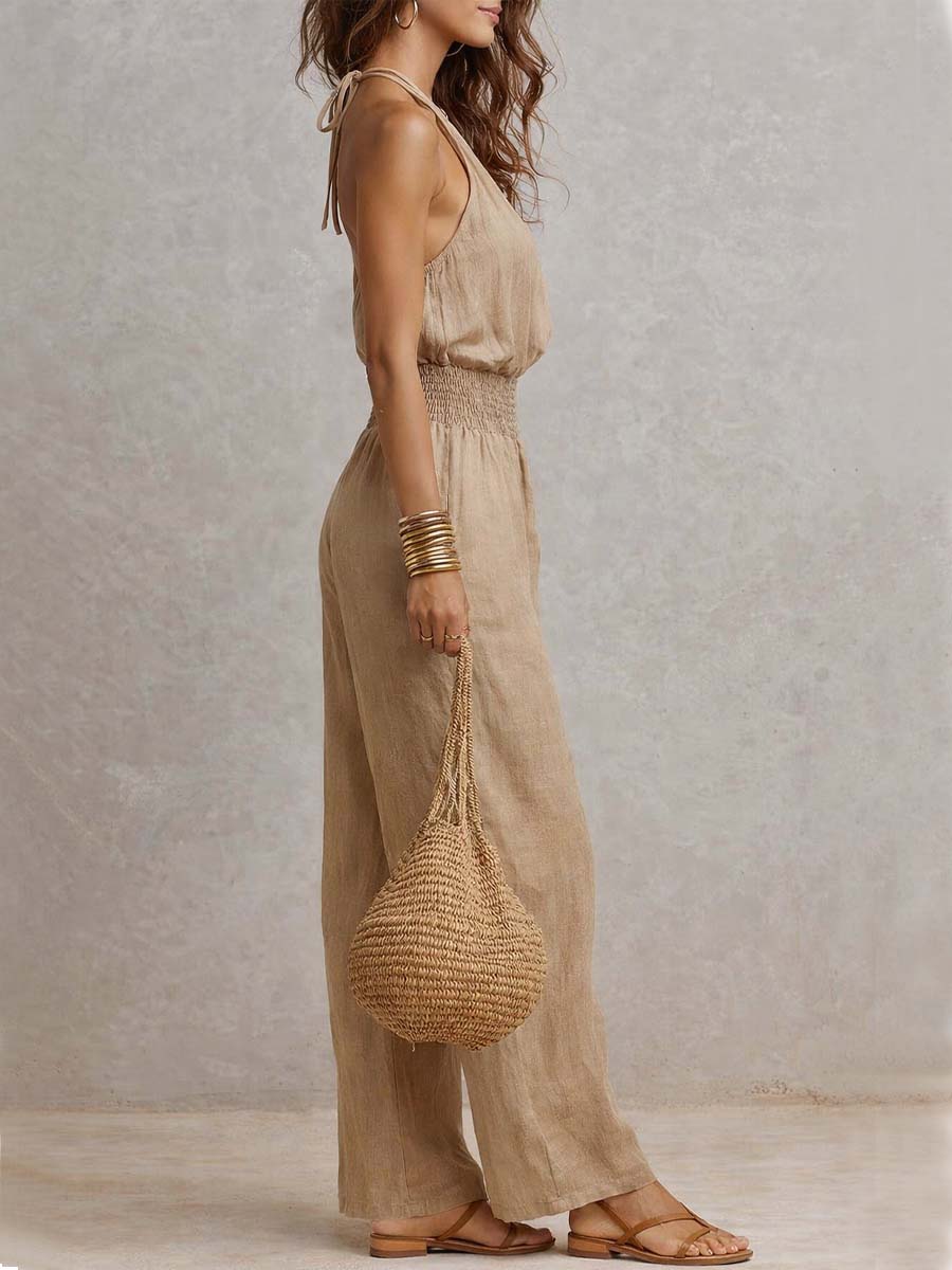Jumpsuit Senza Maniche con Collo Halter e Pantaloni Ampi