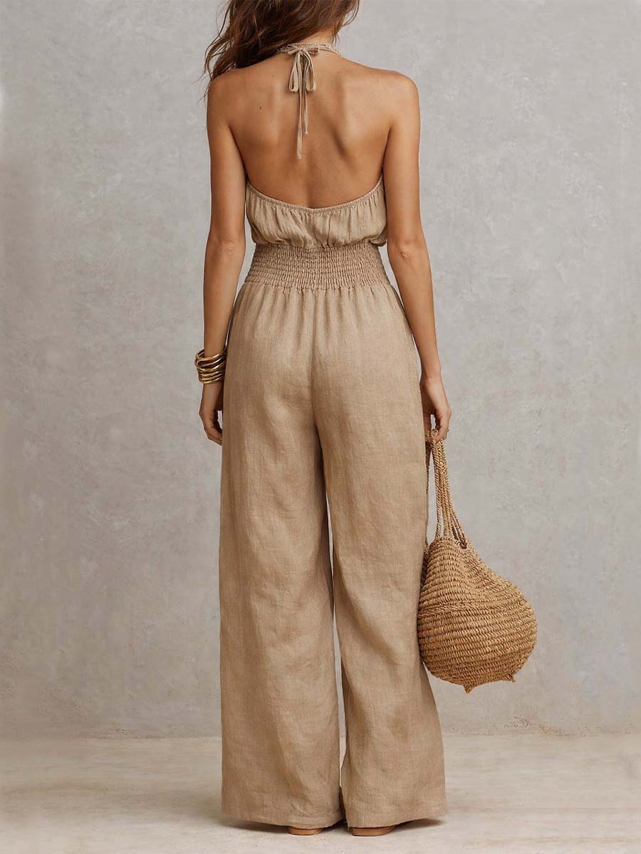 Jumpsuit Senza Maniche con Collo Halter e Pantaloni Ampi