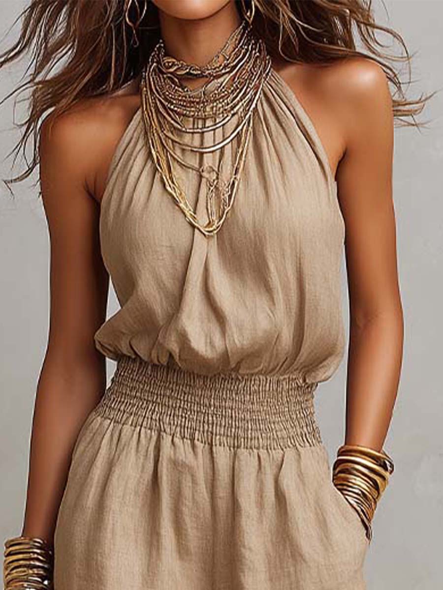 Jumpsuit Senza Maniche con Collo Halter e Pantaloni Ampi