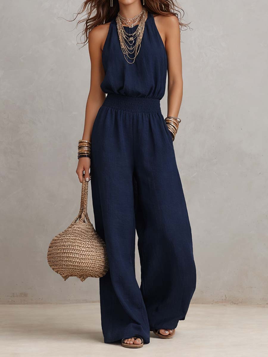 Jumpsuit Senza Maniche con Collo Halter e Pantaloni Ampi