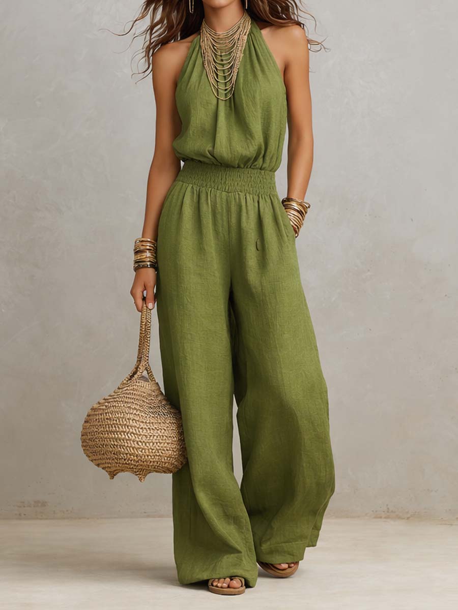 Jumpsuit Senza Maniche con Collo Halter e Pantaloni Ampi