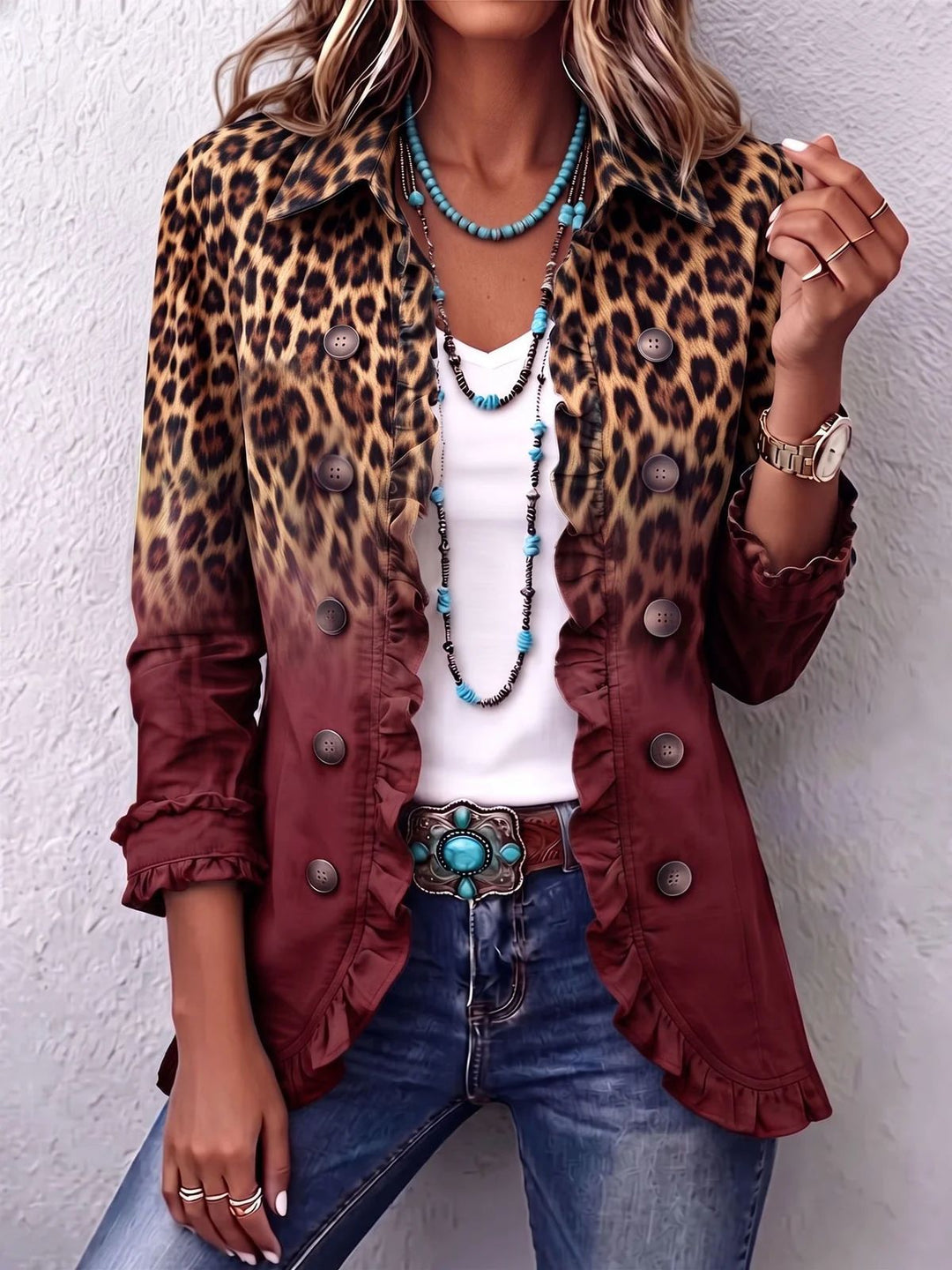 Rosmine | Giacca Vintage Leopardata Sfumata con Volant