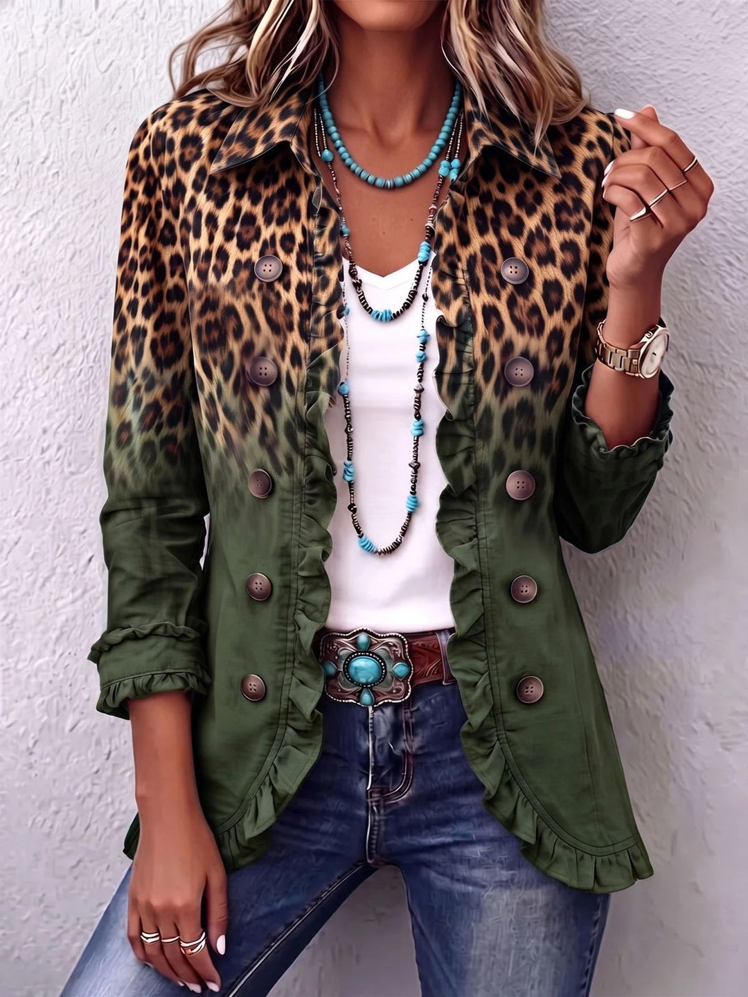 Rosmine | Giacca Vintage Leopardata Sfumata con Volant