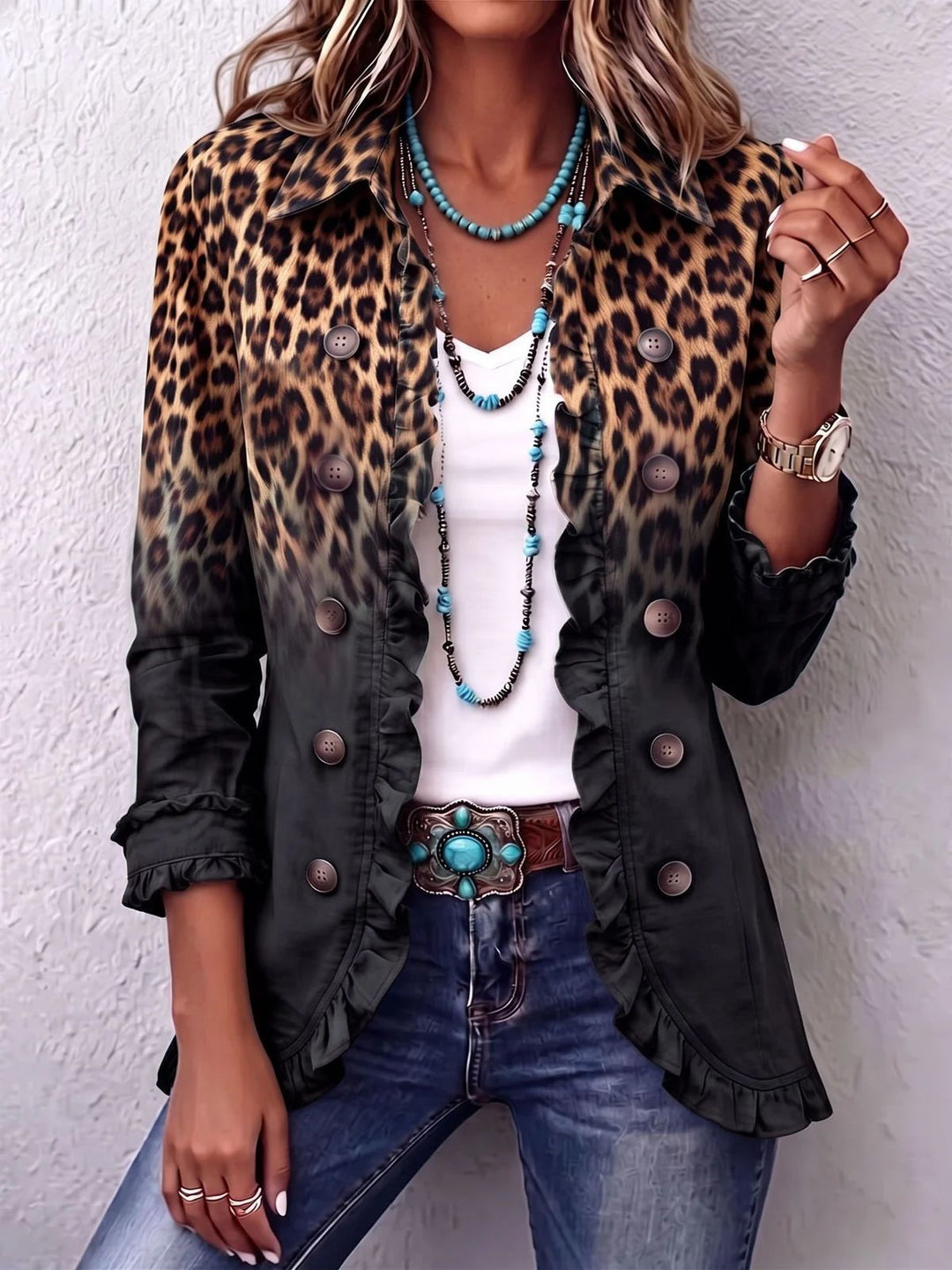 Rosmine | Giacca Vintage Leopardata Sfumata con Volant