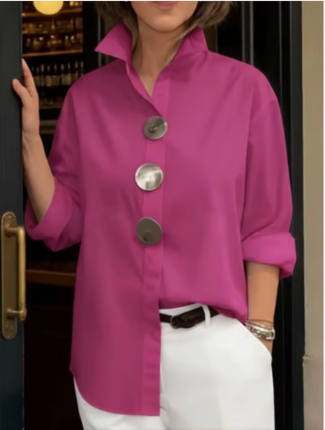 Camicetta da donna in cotone e lino – Elegante collo alla coreana, stile casual