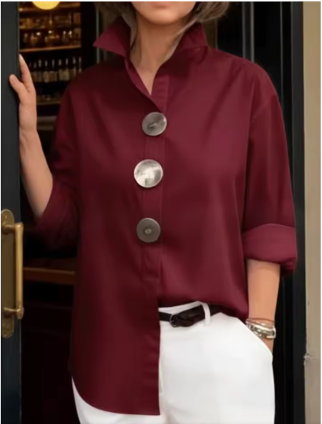 Camicetta da donna in cotone e lino – Elegante collo alla coreana, stile casual