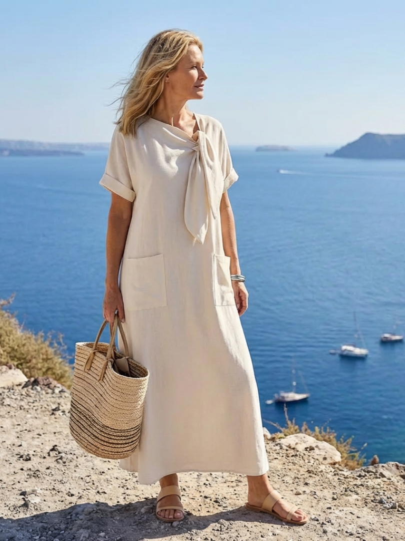 Elowyn | Abito Maxi a Maniche Corte con Collo Rotondo e Tasche