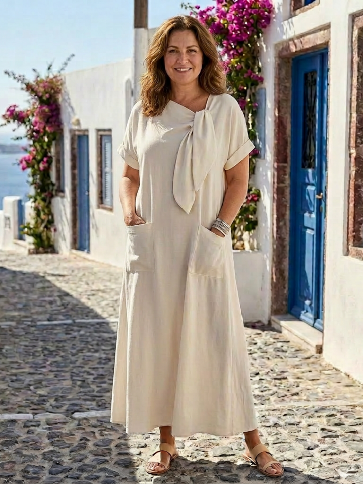 Elowyn | Abito Maxi a Maniche Corte con Collo Rotondo e Tasche