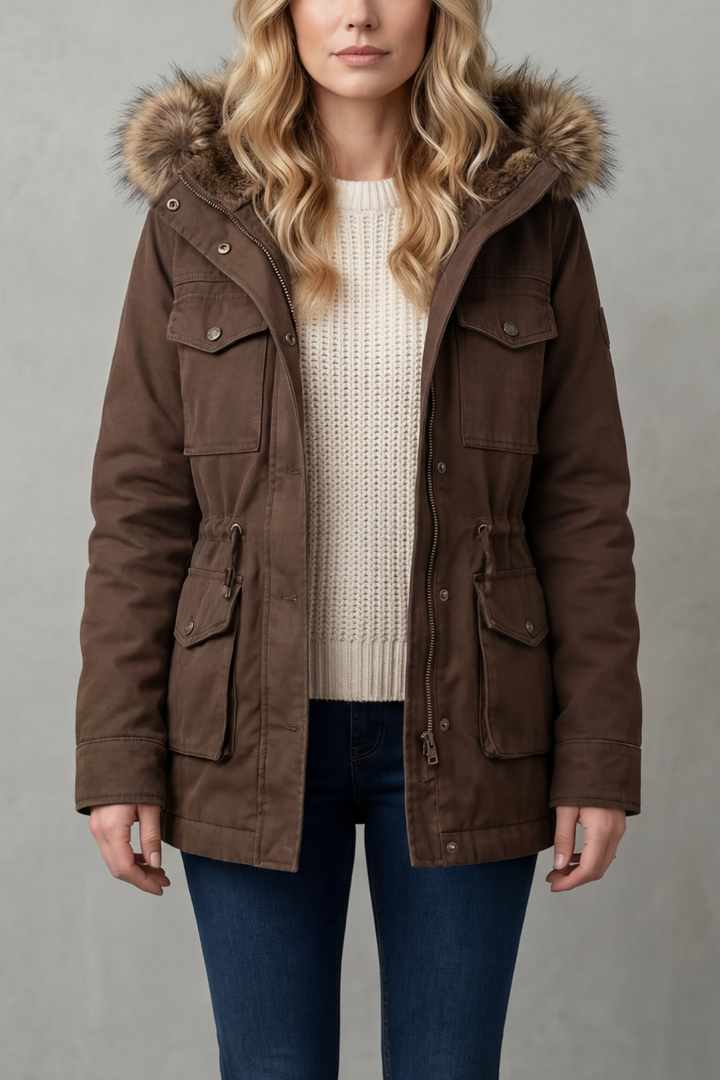 Parka Marrone con Cappuccio Foderato in Pelliccia e Tasche a Patta
