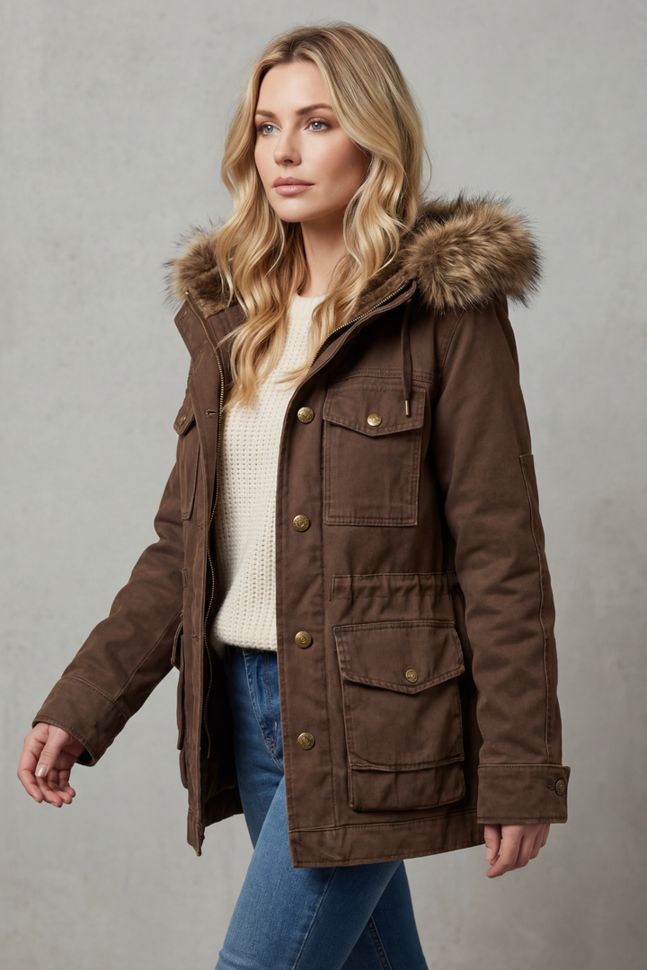 Parka Marrone con Cappuccio Foderato in Pelliccia e Tasche a Patta