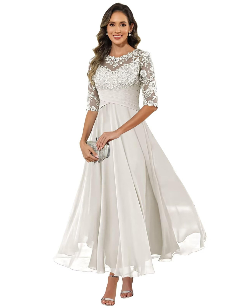 Olanthe Abito da Sera Donna – Pizzo & Mousseline, Maniche 3/4 & Taglio A-Line Elegante