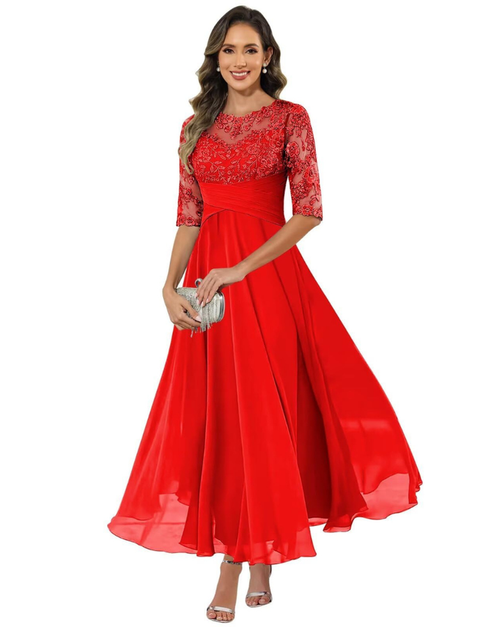 Olanthe Abito da Sera Donna – Pizzo & Mousseline, Maniche 3/4 & Taglio A-Line Elegante