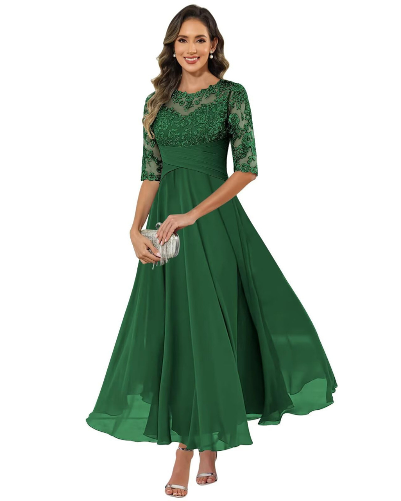 Olanthe Abito da Sera Donna – Pizzo & Mousseline, Maniche 3/4 & Taglio A-Line Elegante