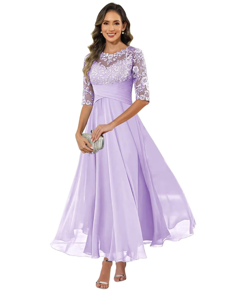 Olanthe Abito da Sera Donna – Pizzo & Mousseline, Maniche 3/4 & Taglio A-Line Elegante