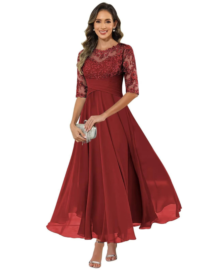 Olanthe Abito da Sera Donna – Pizzo & Mousseline, Maniche 3/4 & Taglio A-Line Elegante
