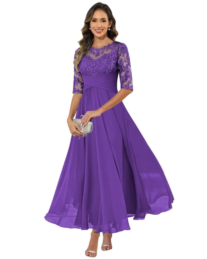 Olanthe Abito da Sera Donna – Pizzo & Mousseline, Maniche 3/4 & Taglio A-Line Elegante