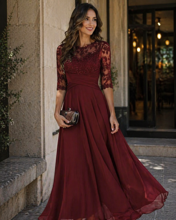 Olanthe Abito da Sera Donna – Pizzo & Mousseline, Maniche 3/4 & Taglio A-Line Elegante