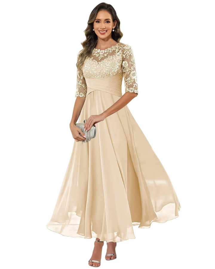 Olanthe Abito da Sera Donna – Pizzo & Mousseline, Maniche 3/4 & Taglio A-Line Elegante