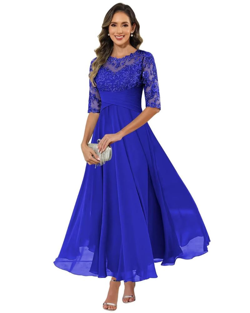 Olanthe Abito da Sera Donna – Pizzo & Mousseline, Maniche 3/4 & Taglio A-Line Elegante