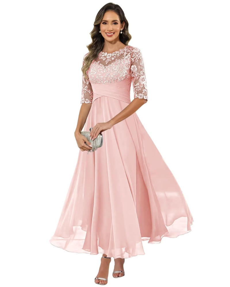 Olanthe Abito da Sera Donna – Pizzo & Mousseline, Maniche 3/4 & Taglio A-Line Elegante