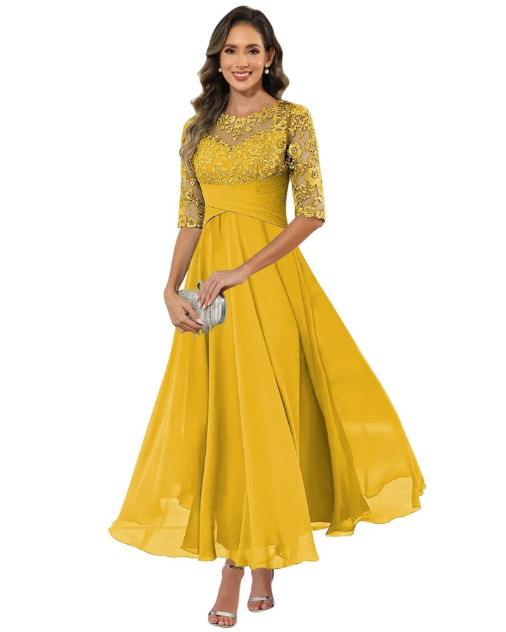 Olanthe Abito da Sera Donna – Pizzo & Mousseline, Maniche 3/4 & Taglio A-Line Elegante