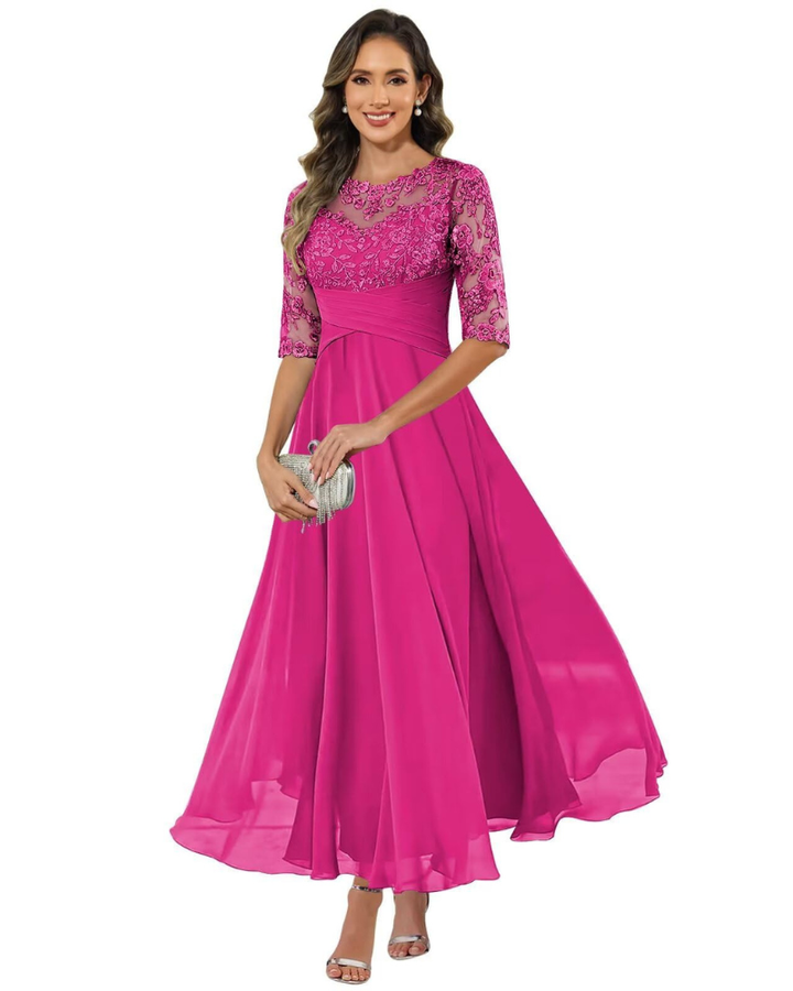 Olanthe Abito da Sera Donna – Pizzo & Mousseline, Maniche 3/4 & Taglio A-Line Elegante