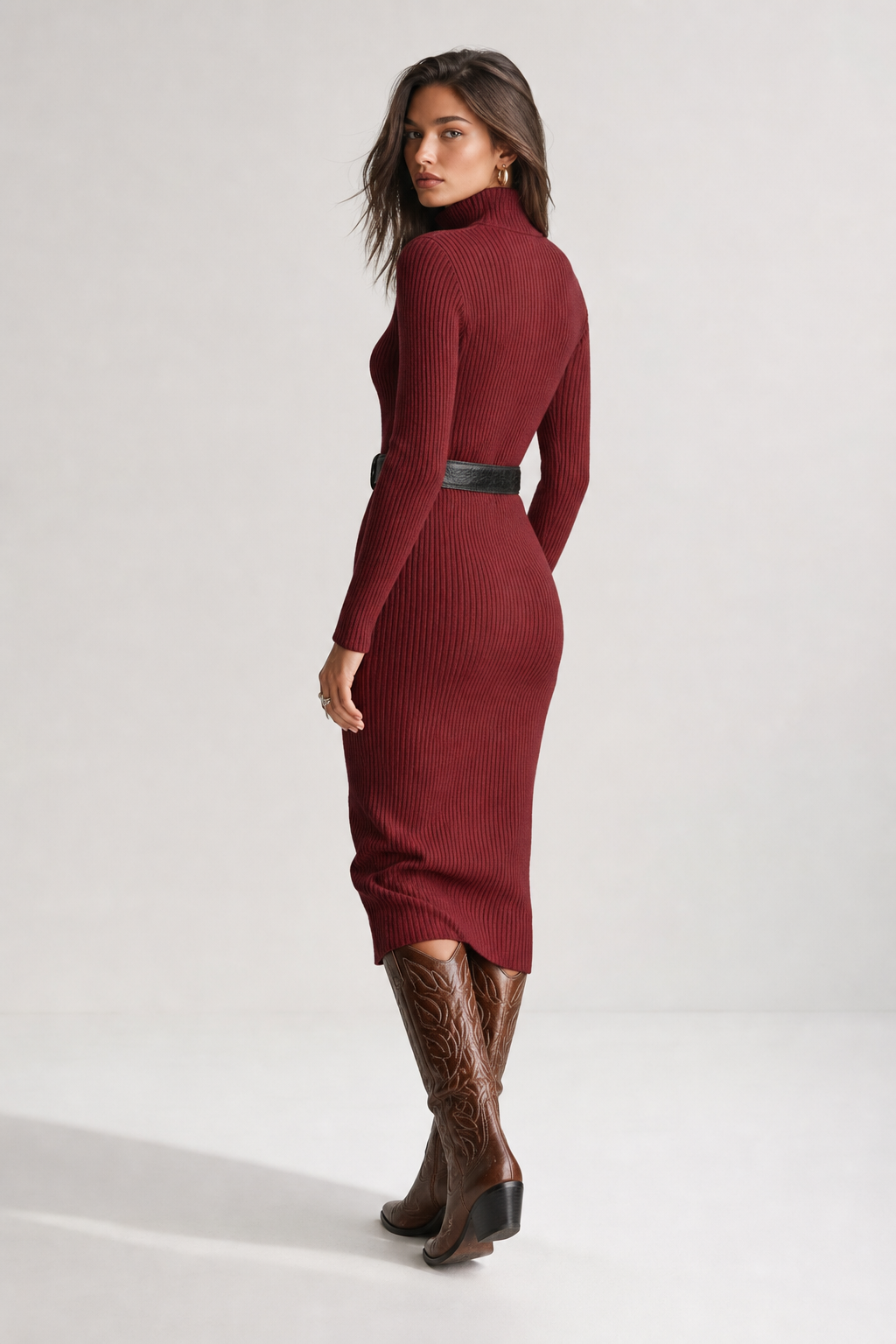 Imogen | Abito midi in maglia a coste da donna con colletto a mezza zip e cintura