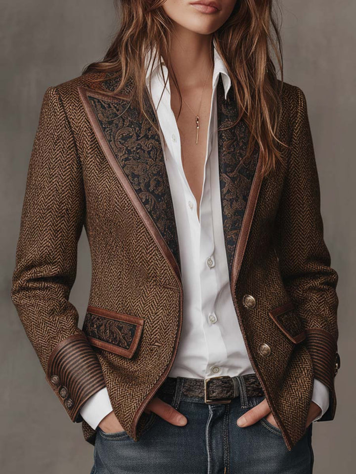 Ermelinda | Blazer in tweed spigato con pannelli stampati