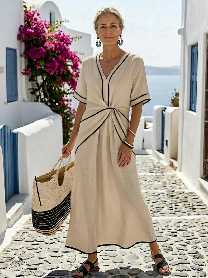 Linnea | Vestito midi a maniche corte con scollo a V e vita arricciata