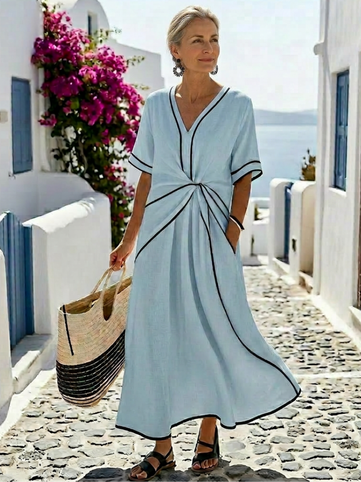 Linnea | Vestito midi a maniche corte con scollo a V e vita arricciata