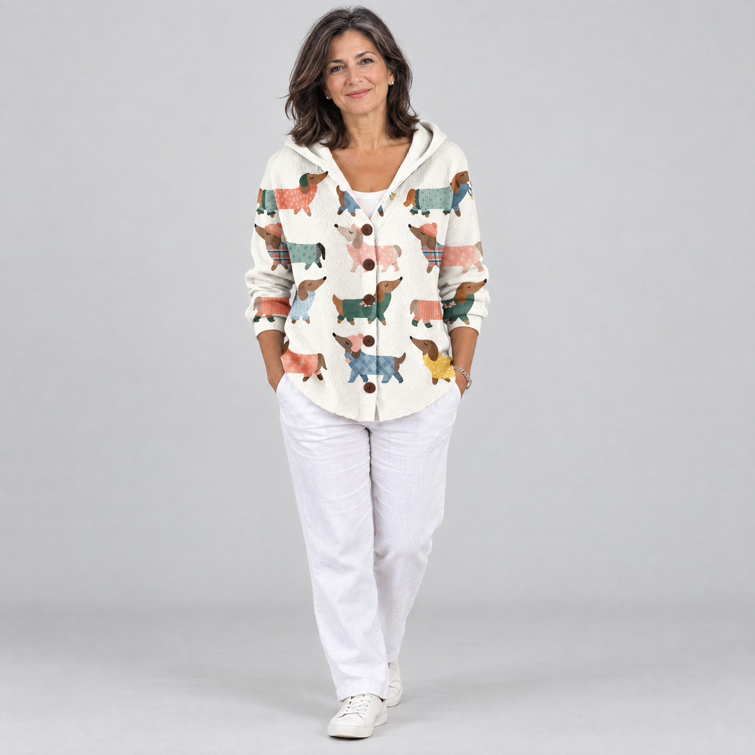 Cardigan Confortevole con Cappuccio in Maglia