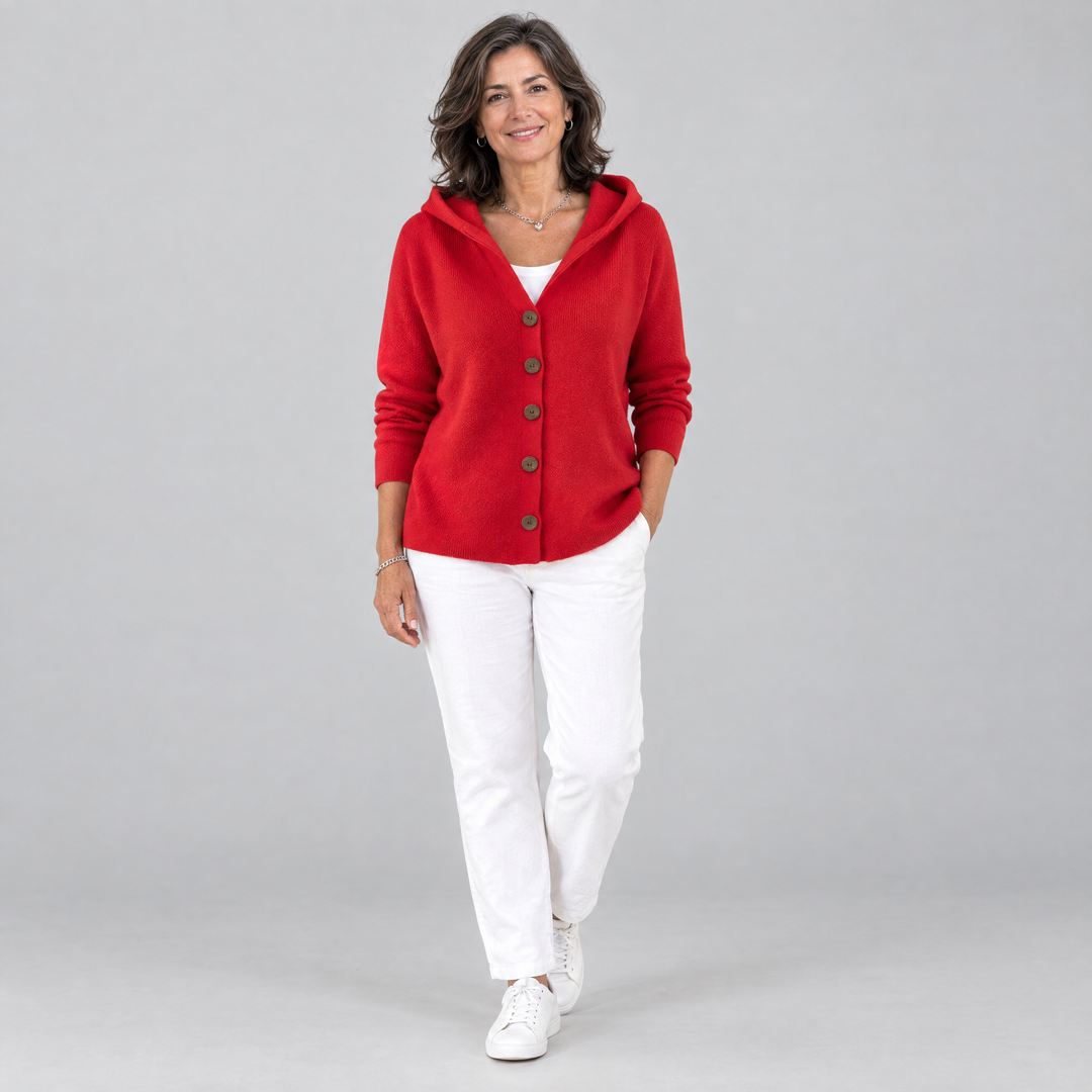 Cardigan Confortevole con Cappuccio in Maglia