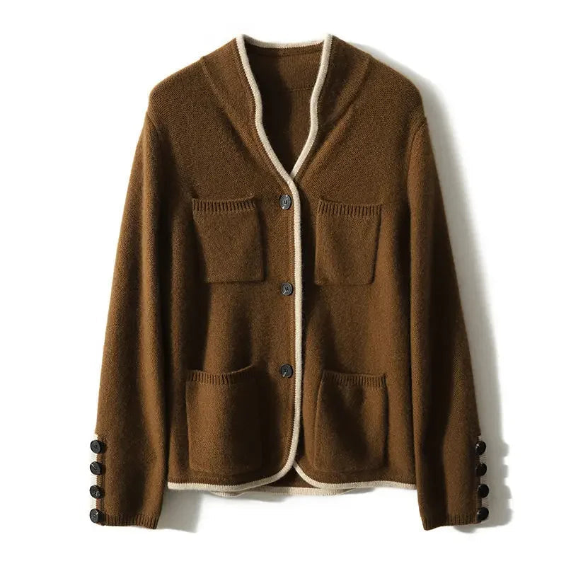 Cardigan donna con bottoni, tasche e rifiniture a contrasto