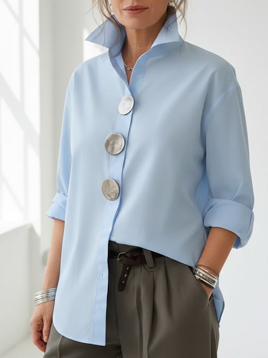 Camicetta da donna in cotone e lino – Elegante collo alla coreana, stile casual